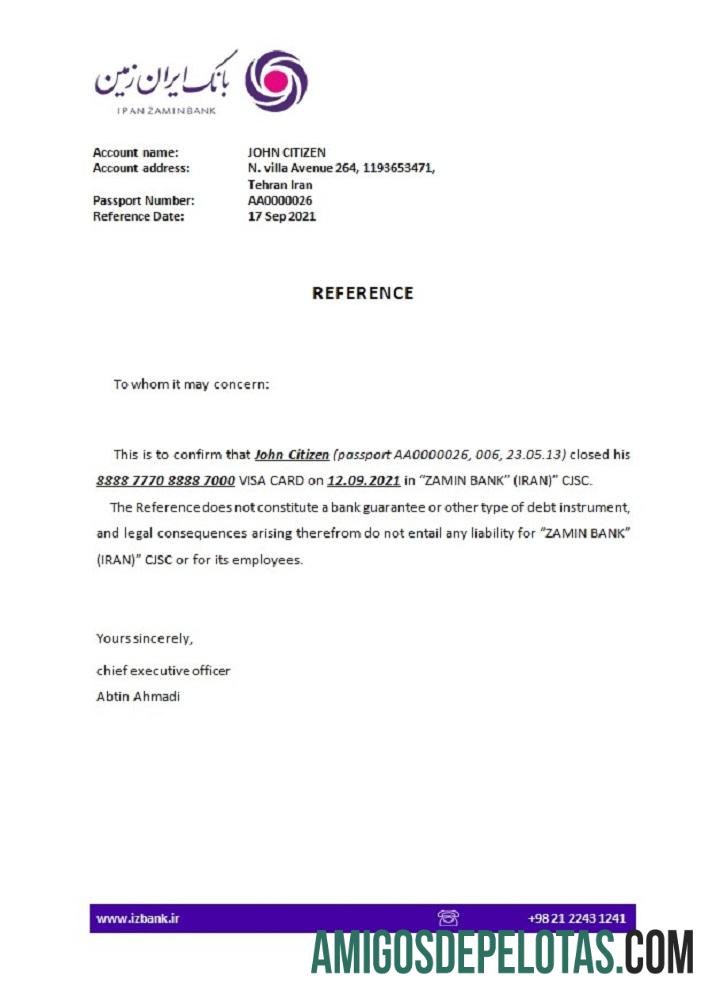 Referência de fechamento do Banco Zamin do Irã exemplo